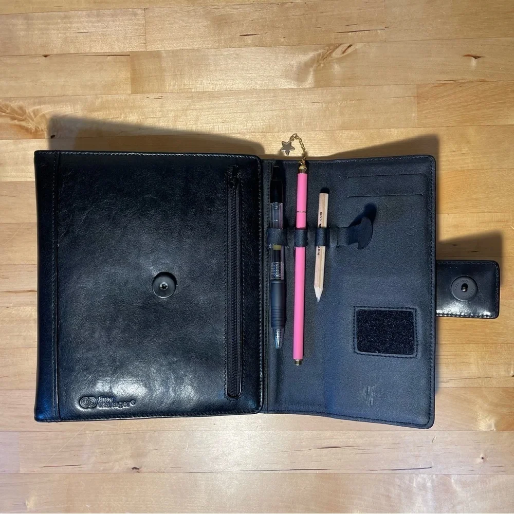 Vintage Time Manager Original Black Gloss Leather 6-Ring Personal Planner Binder